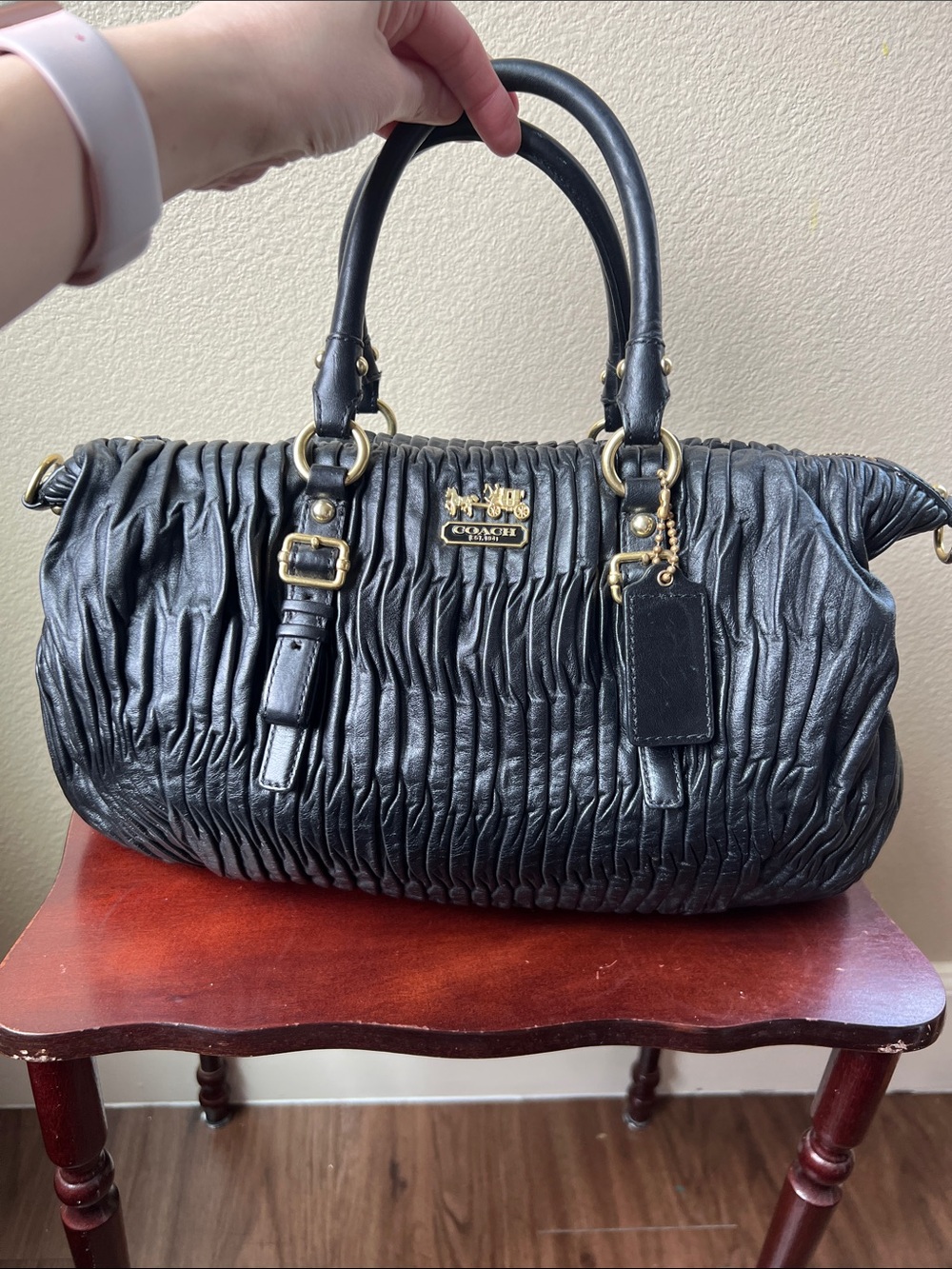Coach Black Ruched Leather Satchel with Gold Hardware